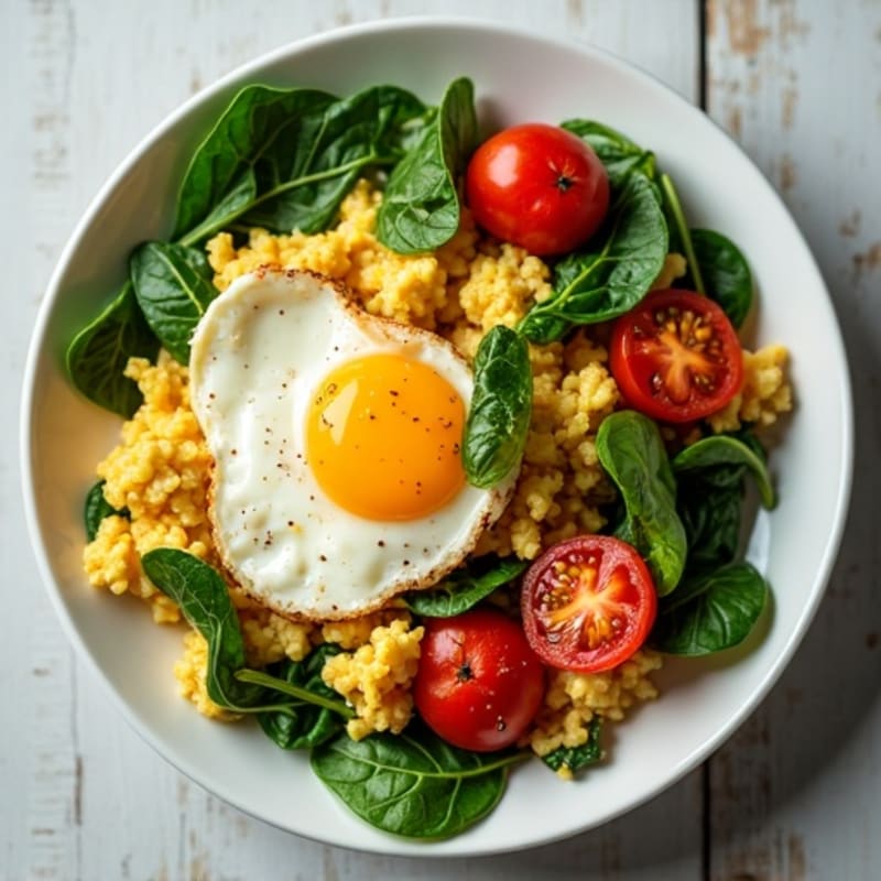 Fluffy Scrambled Eggs with Fresh Spinach and Cherry Tomatoes
