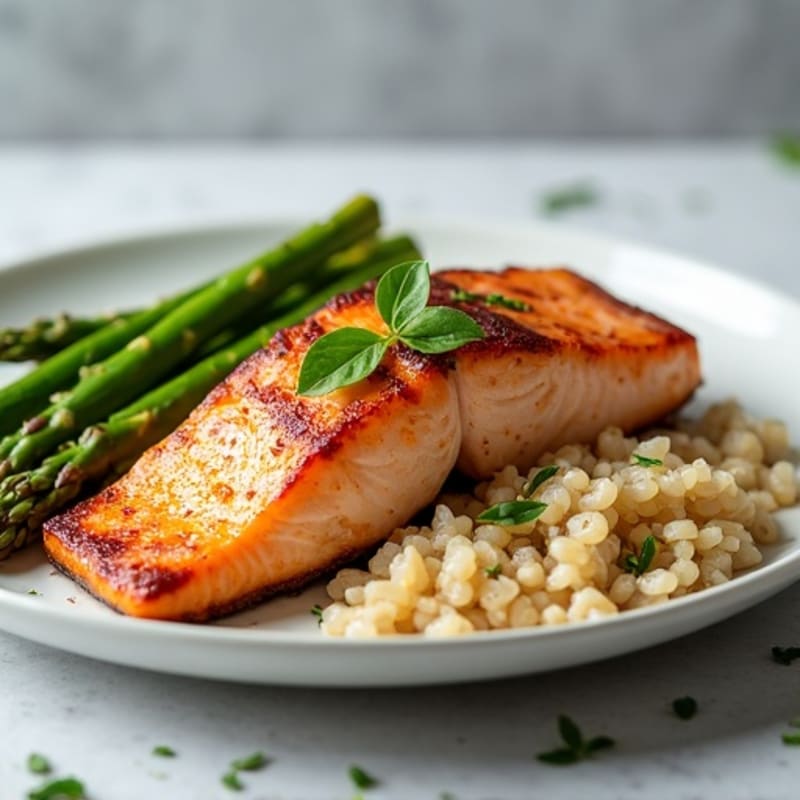 Seared Salmon Fillet with Steamed Asparagus and Brown Rice