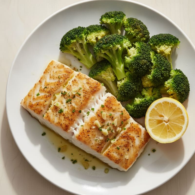 Seared Cod Fillet with Steamed Broccoli and Lemon