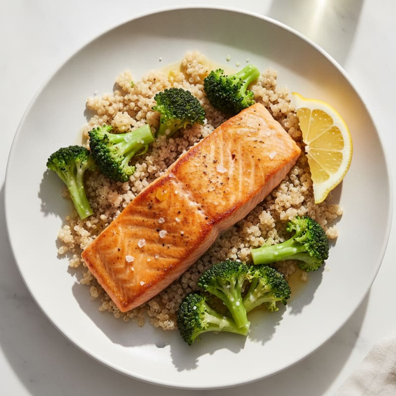 Seared Salmon Fillet with Steamed Broccoli and Quinoa