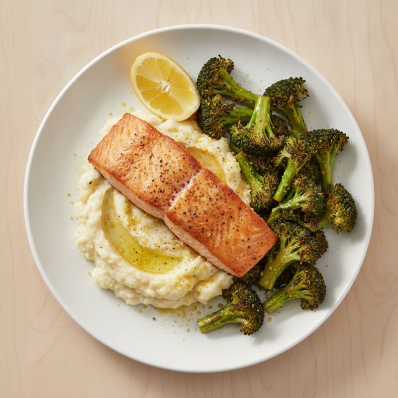 Seared Salmon with Roasted Broccoli and Garlic Mashed Cauliflower