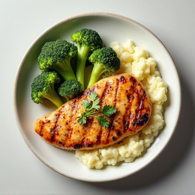 Grilled Chicken Breast with Roasted Broccoli and Cauliflower Mash