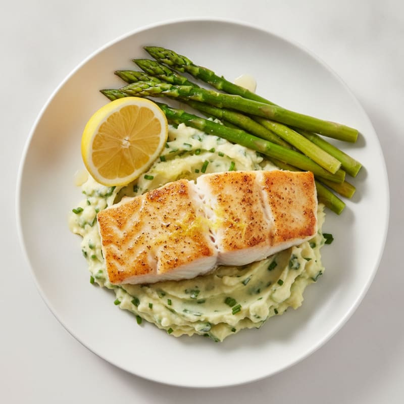 Seared White Fish with Herb Potato Mash and Steamed Greens