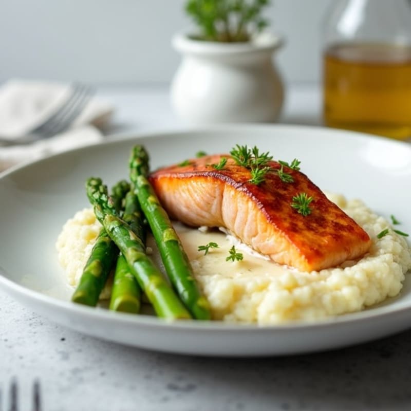 Seared Salmon with Steamed Asparagus and Cauliflower Mash