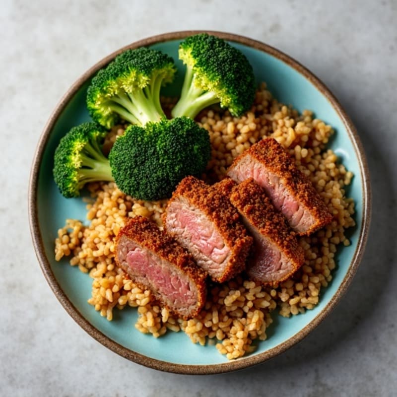 Crispy Beef with Roasted Broccoli and Brown Rice