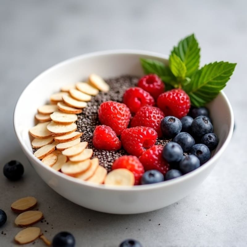 Cottage Cheese Berry Bowl with Sliced Almonds and Chia Seeds