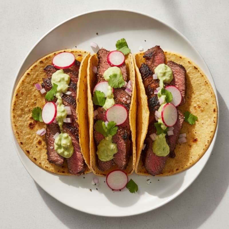 Carne Asada Tacos with Avocado Crema