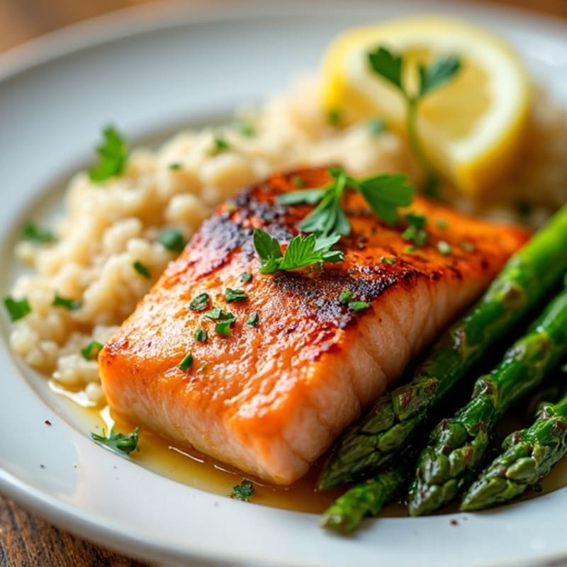 Seared Salmon with Steamed Asparagus and Lemon Herb Rice