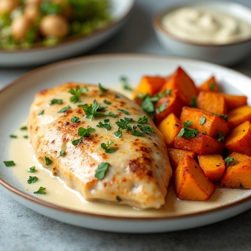 Creamy Coconut Chicken with Roasted Sweet Potatoes