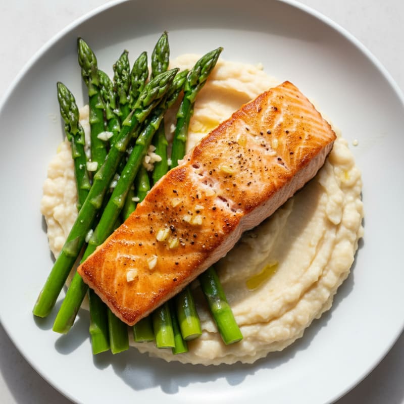 Seared Salmon with Creamy White Bean Mash and Steamed Asparagus