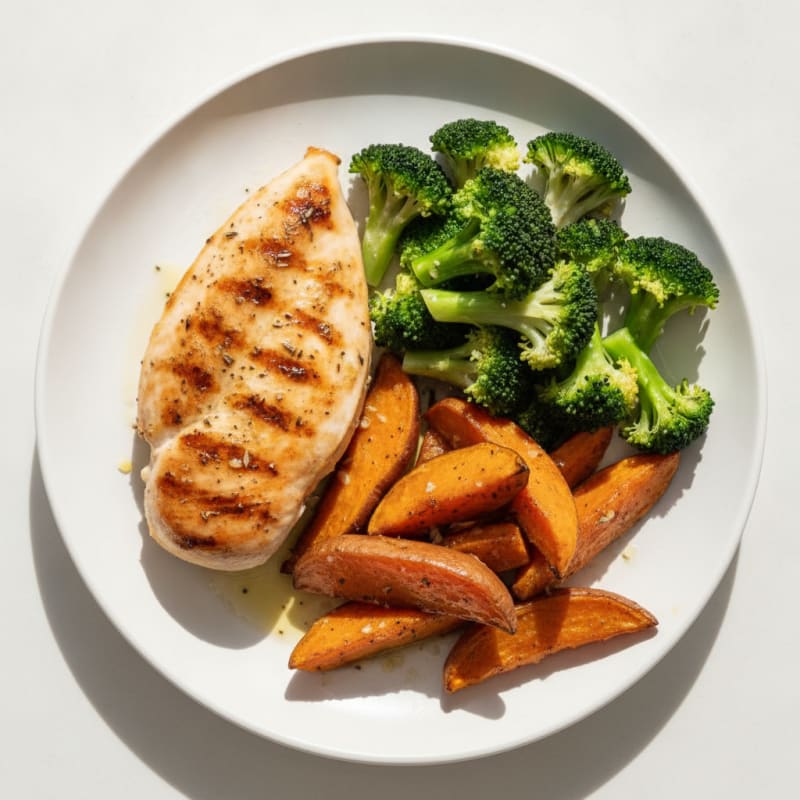 Grilled Chicken Breast with Roasted Sweet Potatoes and Steamed Broccoli