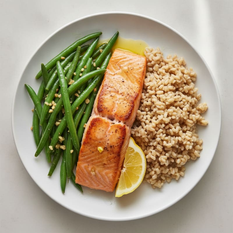 Seared Salmon with Garlic Green Beans and Brown Rice