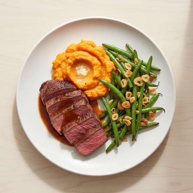 Roasted Sirloin with Garlic Green Beans and Sweet Potato Mash
