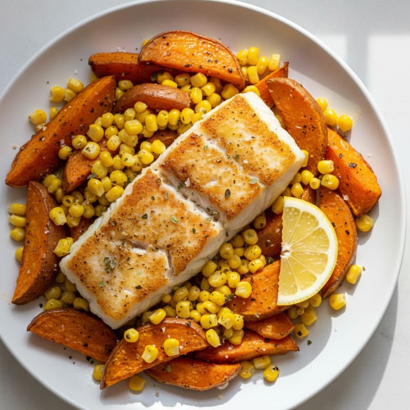 Pan-Seared Cod with Roasted Sweet Potatoes and Corn