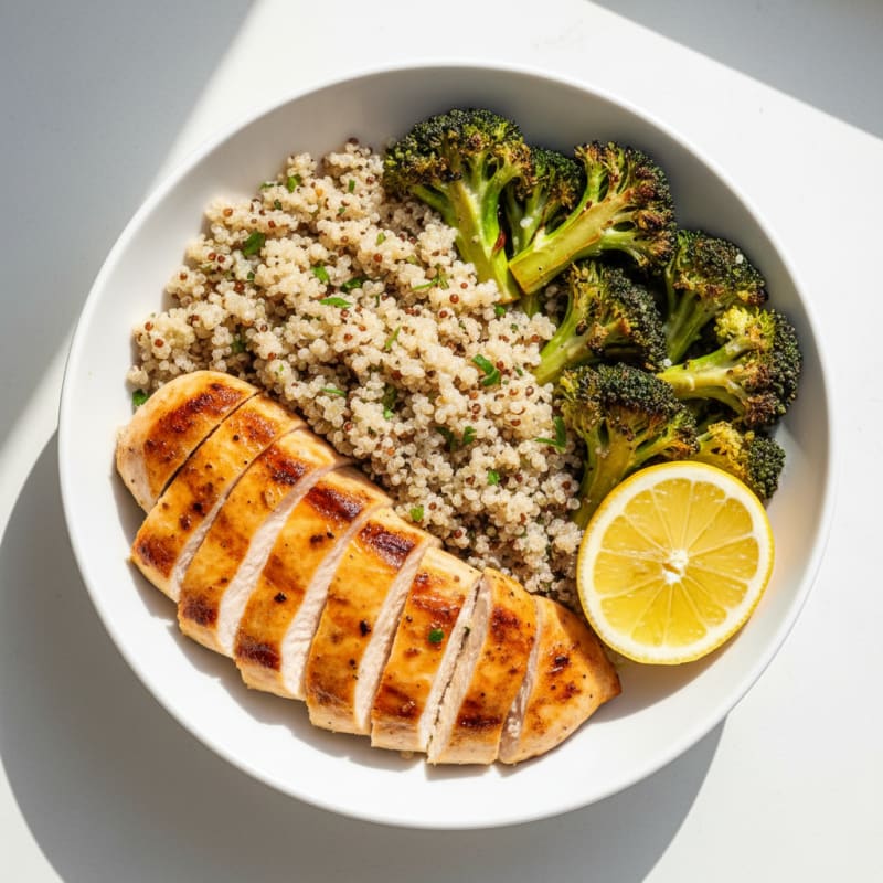 Grilled Chicken and Quinoa Bowl with Roasted Broccoli