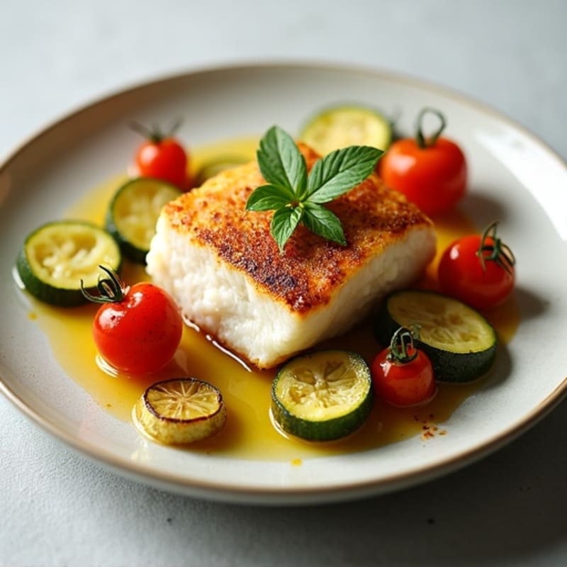 Seared Cod with Roasted Zucchini and Cherry Tomatoes