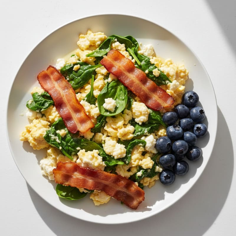 Cottage Cheese Scramble with Spinach and Turkey Bacon