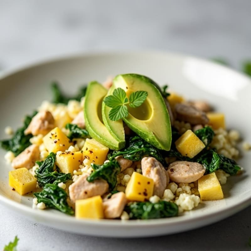 Cottage Cheese Egg White Scramble with Spinach and Sautéed Turkey