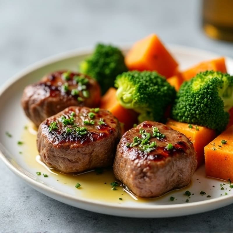 Tender Garlic Steak Bites with Roasted Broccoli and Sweet Potatoes
