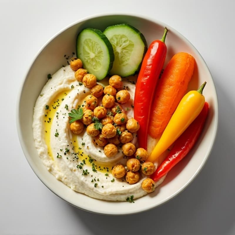 Creamy Lemon-Garlic Hummus with Fresh Crisp Vegetables and Herb-Roasted Chickpeas