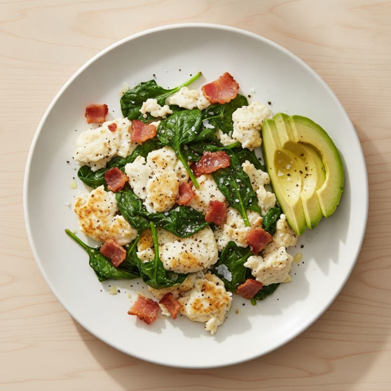 Crispy Turkey Bacon Egg White Scramble with Sautéed Spinach
