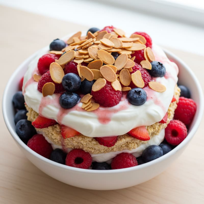 Greek Yogurt Protein Parfait with Mixed Berries and Almonds