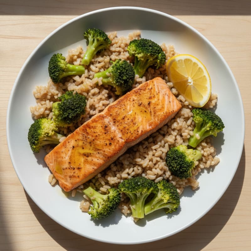 Seared Salmon with Steamed Broccoli and Brown Rice