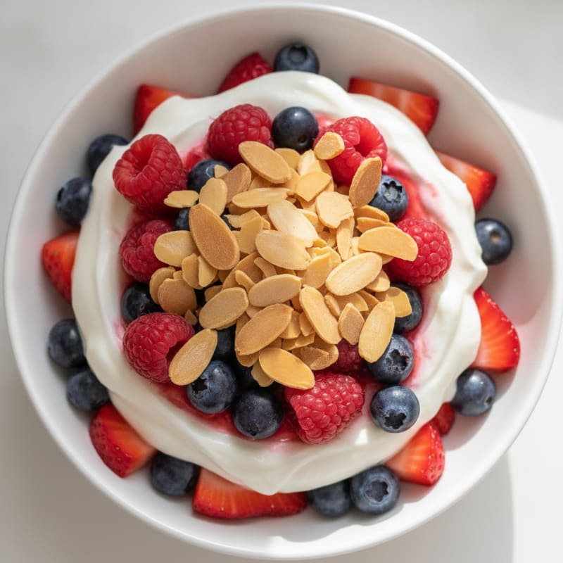 Greek Yogurt Protein Parfait with Mixed Berries and Almonds