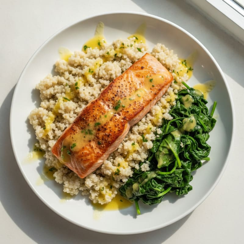 Seared Salmon with Creamy Quinoa and Sautéed Spinach