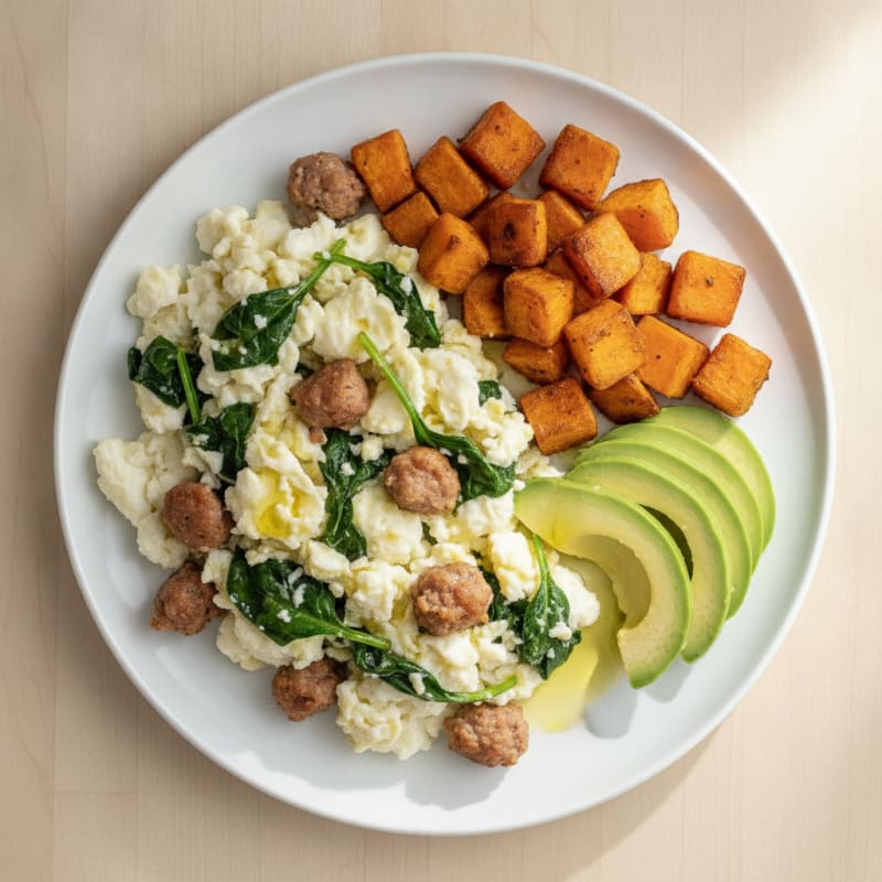 Egg White Scramble with Turkey Sausage and Spinach