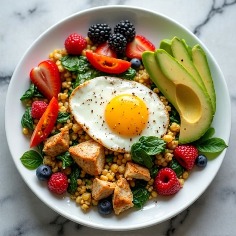 Egg White and Chicken Veggie Scramble with Fresh Berries