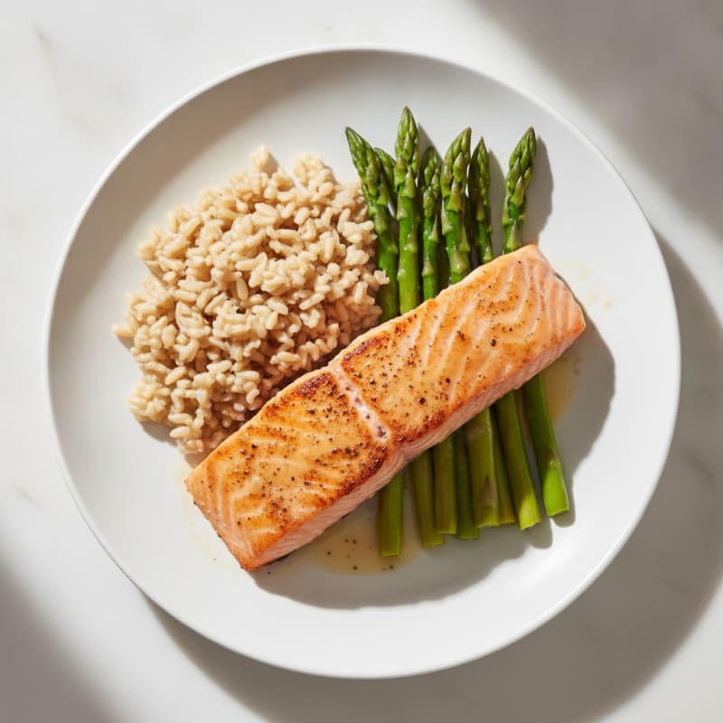 Seared Salmon Fillet with Steamed Asparagus and Brown Rice