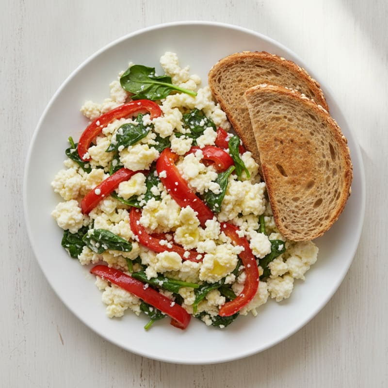 Cottage Cheese Egg Scramble with Roasted Peppers and Spinach