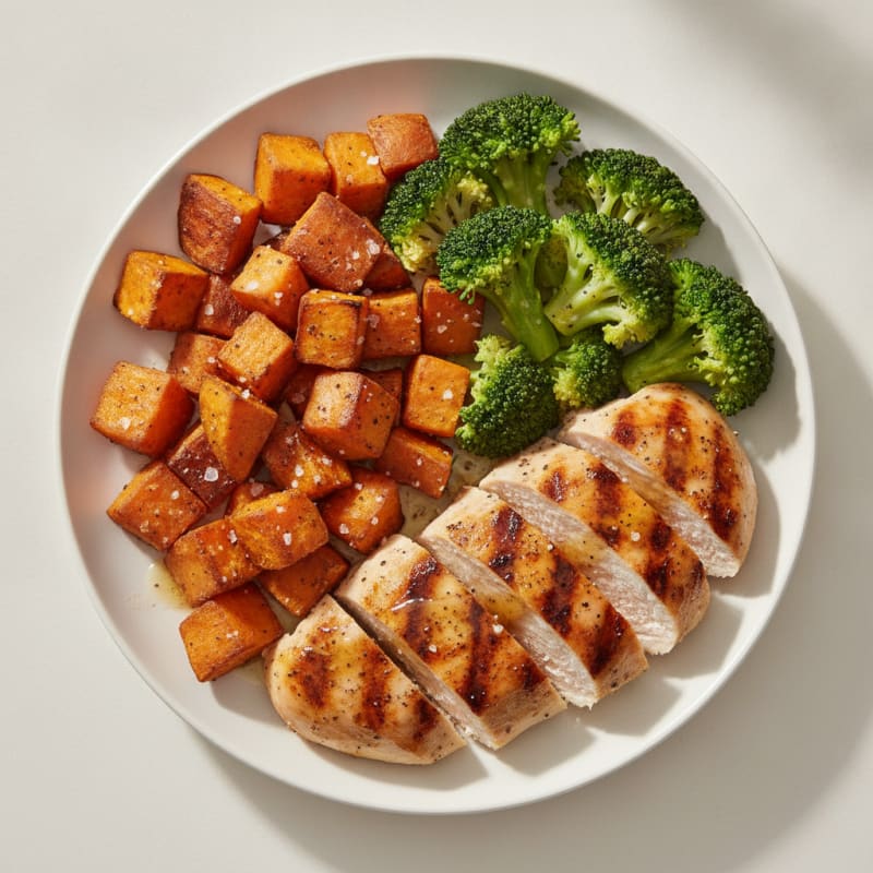 Grilled Chicken Breast with Roasted Sweet Potatoes and Steamed Broccoli