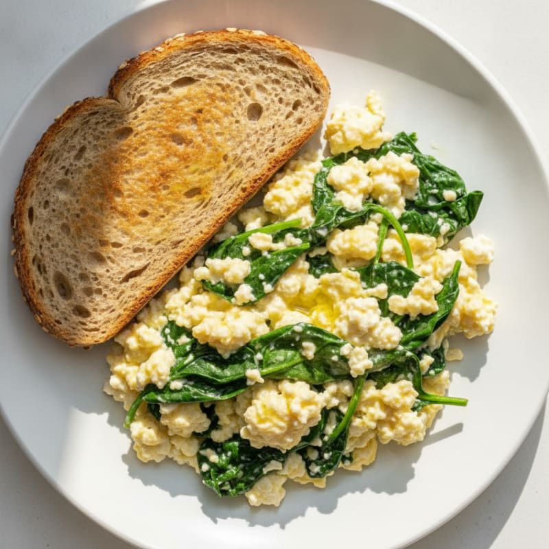 Scrambled Eggs with Cottage Cheese and Sautéed Spinach