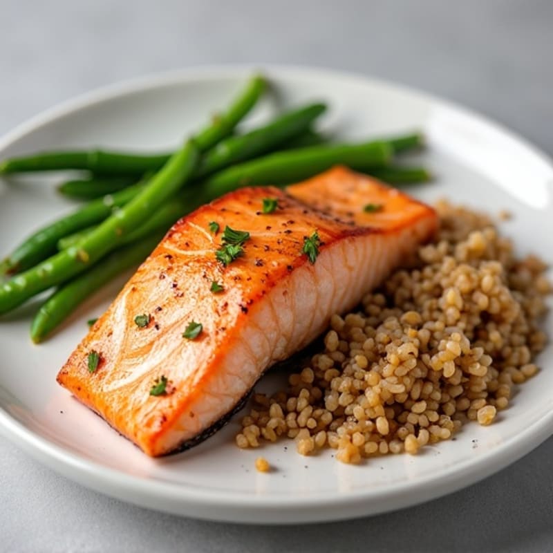 Seared Salmon Fillet with Steamed Green Beans and Brown Rice