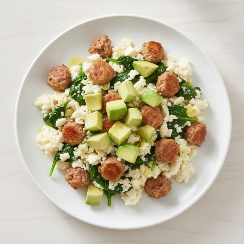 Egg White Scramble with Turkey Sausage and Sautéed Spinach