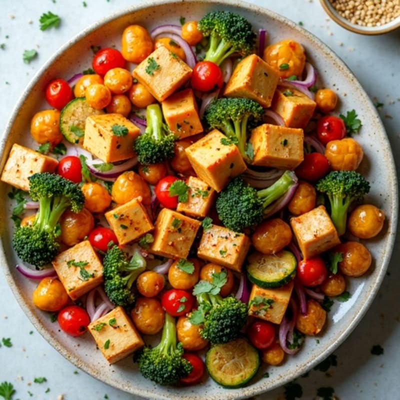 Sheet Pan Roasted Vegetables with Crispy Chickpeas, Tofu & Lemon-Herb Dressing