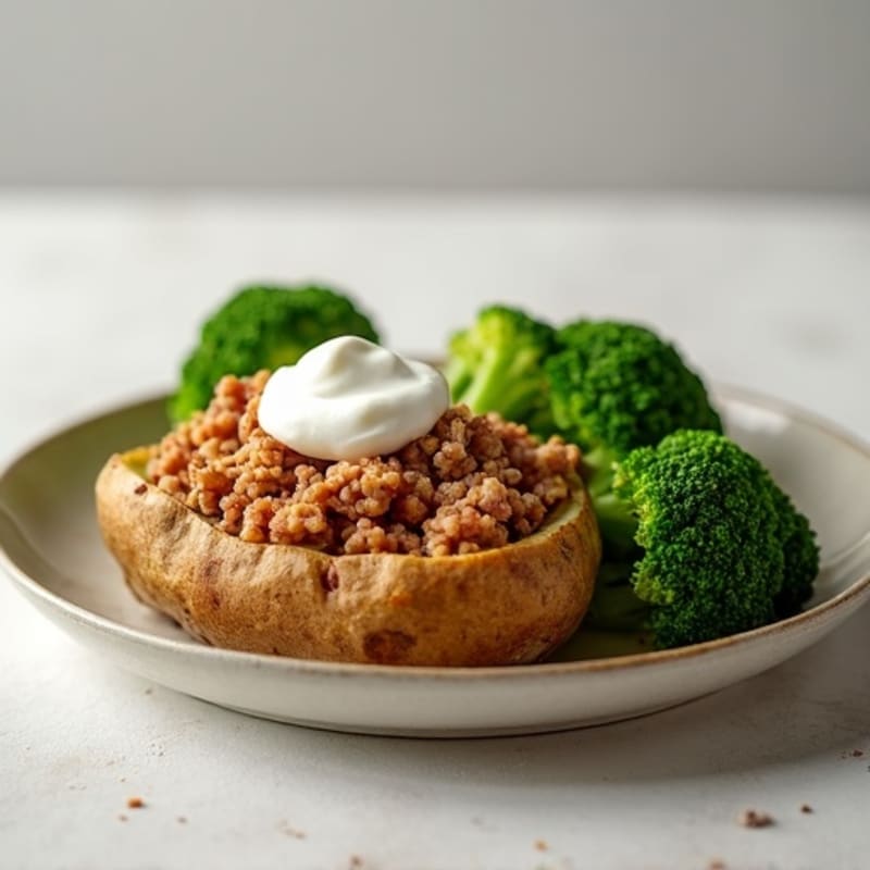 Crispy Baked Potato with Lean Ground Turkey, Steamed Broccoli, and Creamy Greek Yogurt