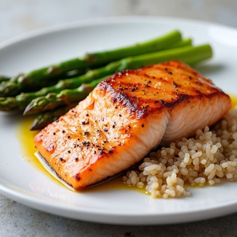 Seared Salmon with Steamed Asparagus and Brown Rice