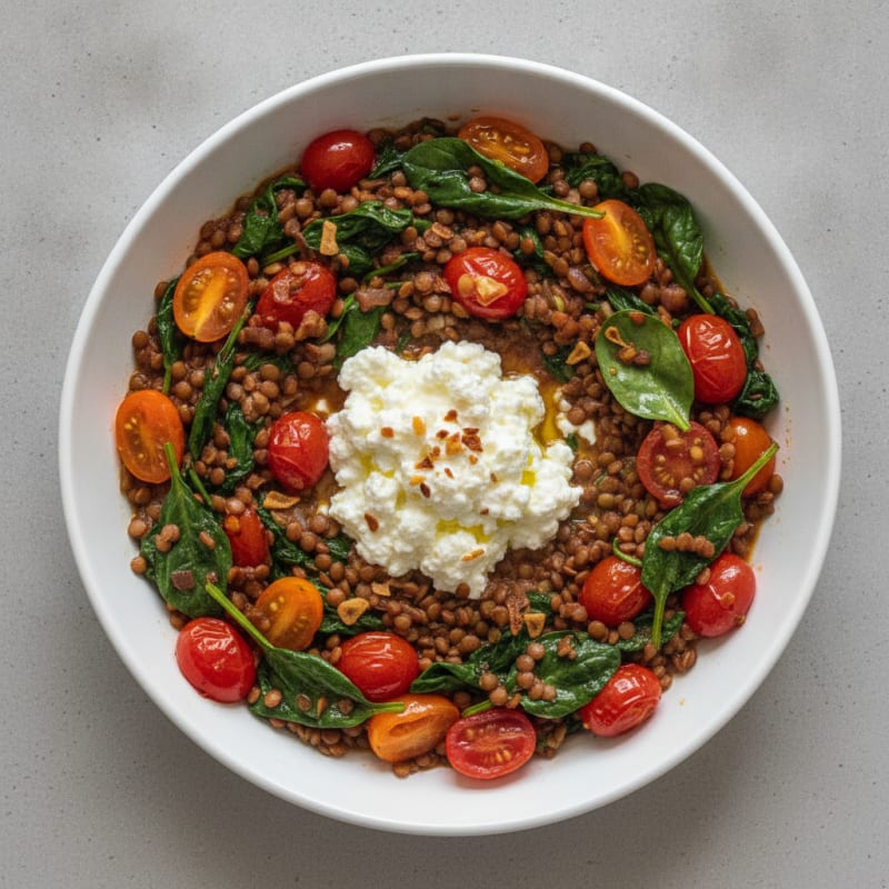 Lentil and Cottage Cheese Skillet with Spinach and Tomatoes