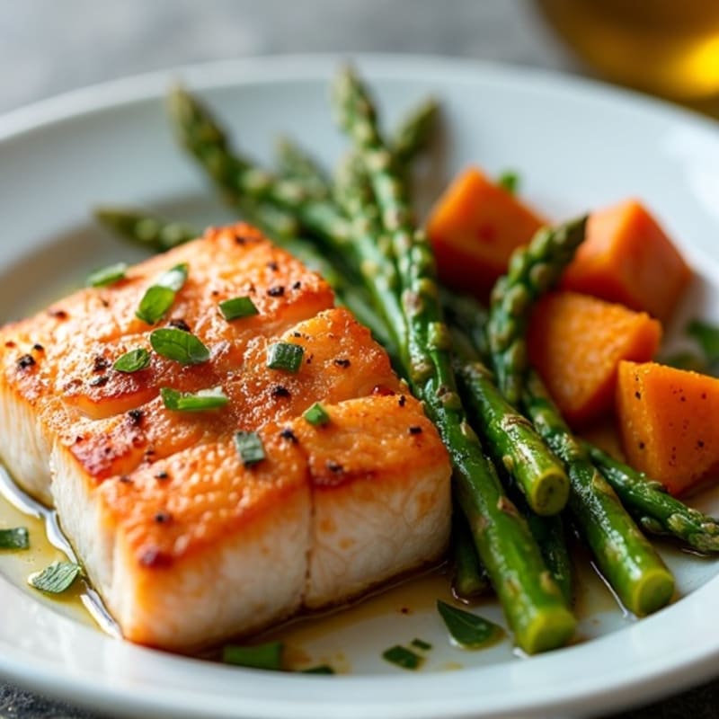 Seared Salmon with Roasted Sweet Potatoes and Asparagus