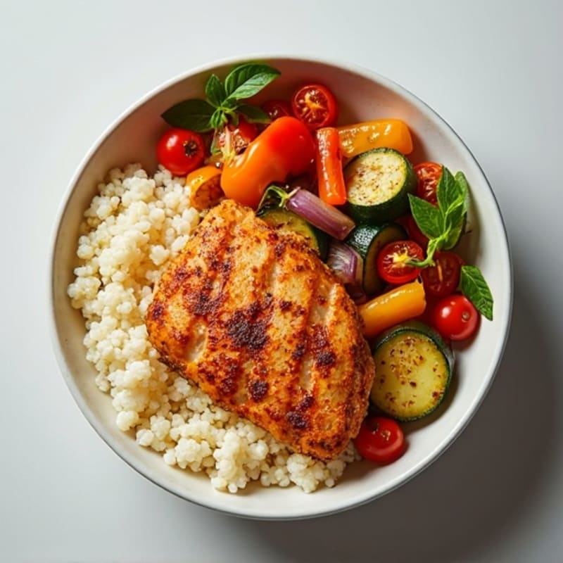Zesty Spiced Chicken and Crispy Roasted Vegetable Bowl