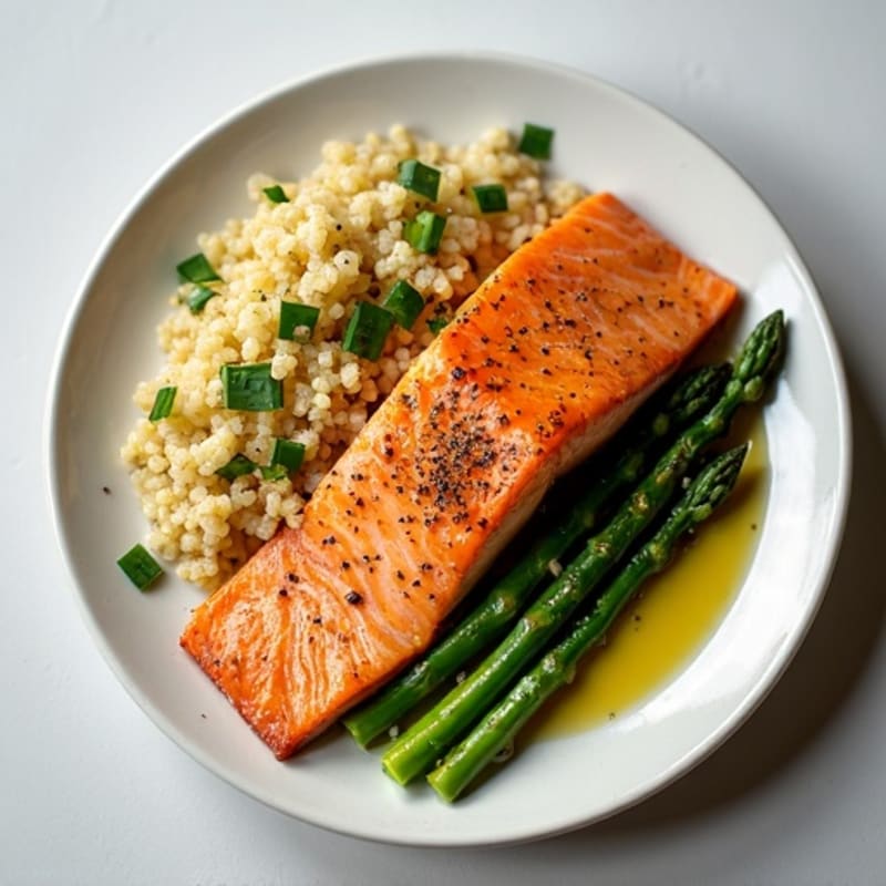 Seared Salmon with Steamed Asparagus and Quinoa