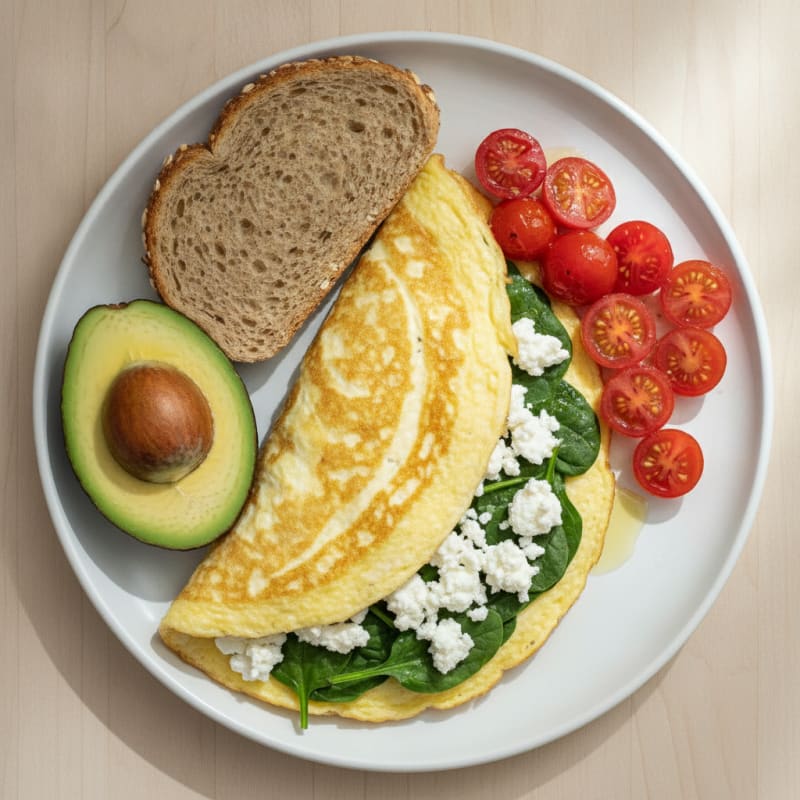 Egg White Spinach Omelette with Cottage Cheese and Cherry Tomatoes