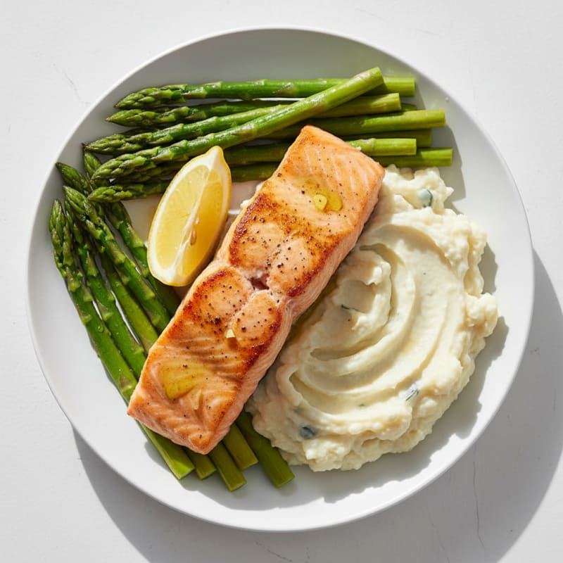 Seared Salmon with Steamed Asparagus and Garlic Mashed Cauliflower
