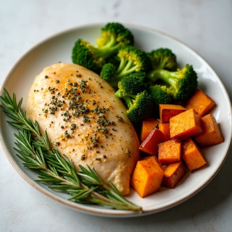 Lemon-Herb Roasted Chicken with Crispy Broccoli and Sweet Potatoes
