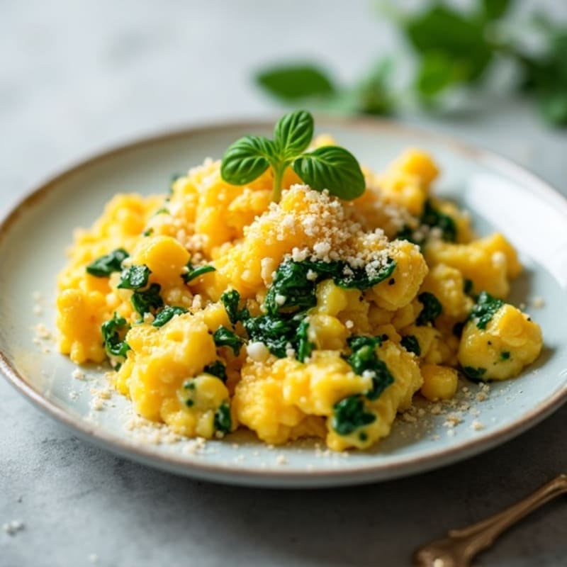 Fluffy Scrambled Eggs with Sautéed Spinach