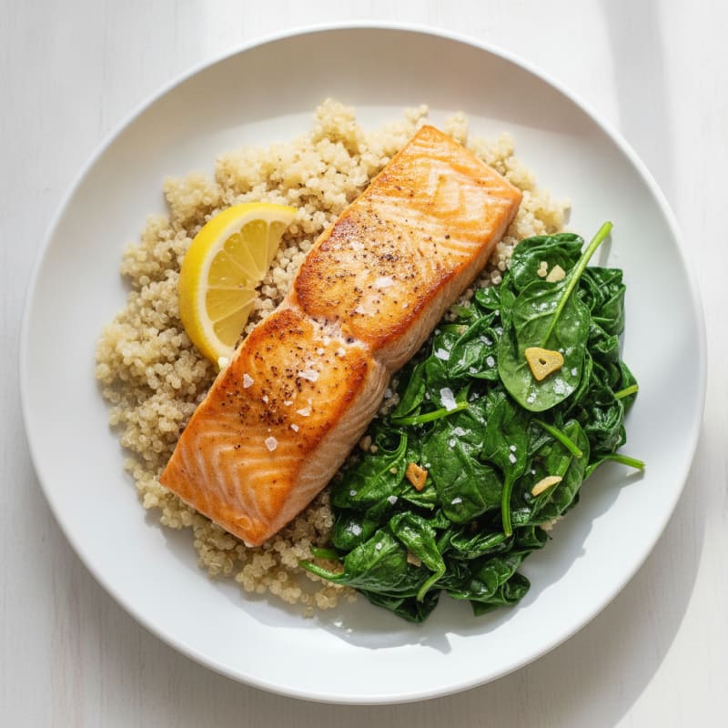 Seared Salmon with Garlic Sautéed Greens and Quinoa