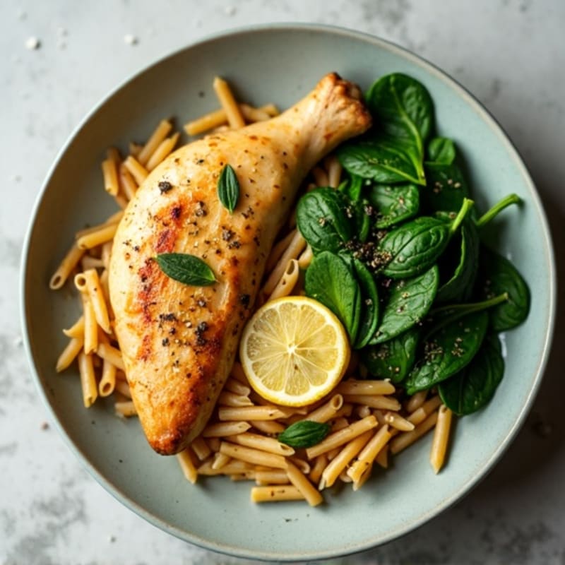 Pan-Seared Lemon Garlic Chicken with Whole Wheat Pasta and Fresh Spinach